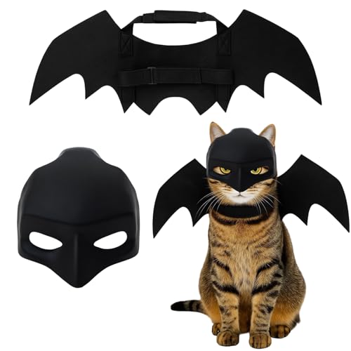 Fledermaus Kostüm für Katzen & Hunde mit Maske – Halloween Haustier Kostüm Set, Fledermausflügel & 3D Katzenmaske, Schwarz, Verkleidung für Cosplay & Party