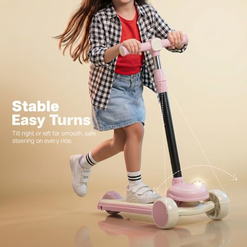 Image of Baybee Vector Baby Premium Kick Scooter for Kids with 4 Height Adjustable | Foldable Kids Scooter with RGB Light, Music | Skate Scooters with Rear Brake | Runner Scooters for Kid 2 to 10 Years (Pink)