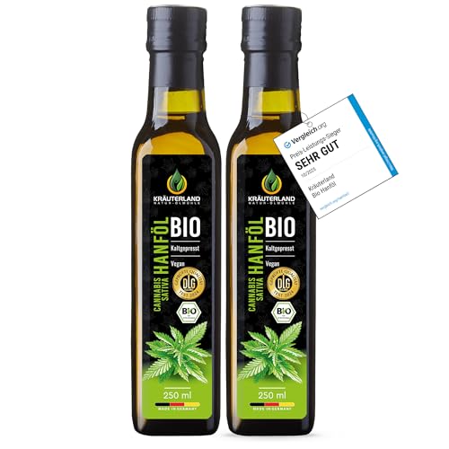 Kräuterland Bio Hanföl 2X250ml (500ml), kaltgepresstes Hanfsamenöl, naturrein ohne Zusatzstoffe,...