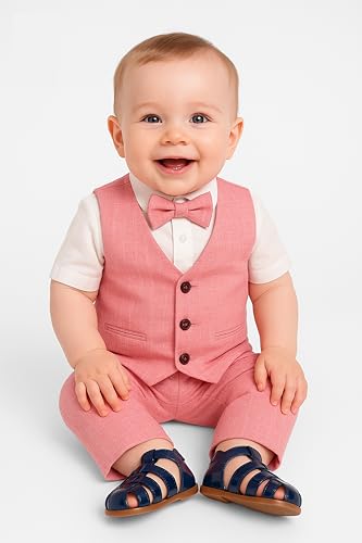 Image of Baby Boys Vest Suit Cotton Linen 4 Piece Formal Wedding Birthday Set