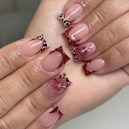 NBNTGH Flower Press on Nails Red French Tip Fake Nails Leopard Print Nails