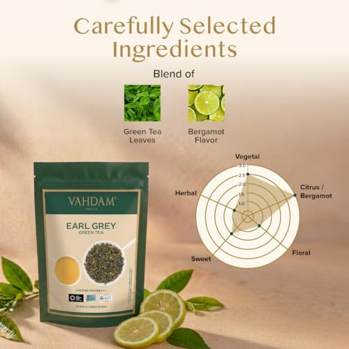 Image of VAHDAM, Earl Grey Citrus Green Tea Loose Leaf (50+ Cups, 3.5 oz) Loose Leaf Earl Grey Green Tea With Pure Bergamot Oil | High Elevation Grown | Vacuum Sealed for Freshness