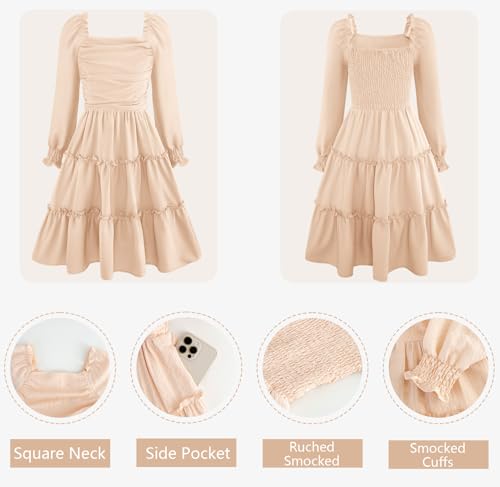 HOZIY Girls Long Sleeve Dress Ruched Smocked Tiered Ruffle A-Line Casual Boho Teen Dresses with Pocket Size 6-16 Years