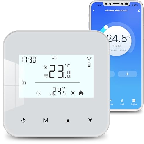 Beok Thermostat WiFi pour chaudières gaz et fioul,Thermostat Mural à 2 Fils,Programmation Quotidienne,Alimentation par Pile ou USB,Compatible avec Tuya Smart...