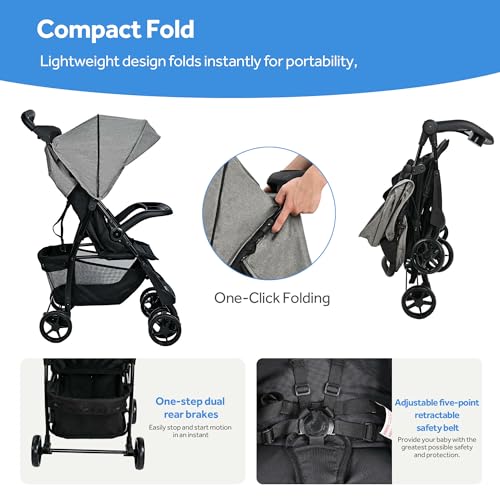 LIVINGbasics Lightweight Baby Stroller, Compact Foldable Stroller with Adjustable Backrest&Footrest for Travel, Gray - Image 5