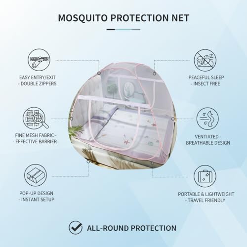 Image of Rainspire Foldable Mosquito Net for Double Bed King Size - Breathable Fine Mesh, with Handle, Heavy Duty Portable Collapsible Mosquito Protection Net for Bedroom Indoor Use - Pink