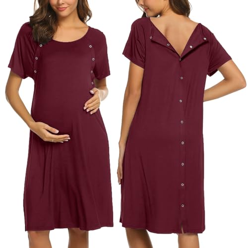 Image of Ekouaer Women’s Nursing/Delivery/Labor/Hospital Nightdress Short Sleeve Maternity Nightgown with Button S-XXL