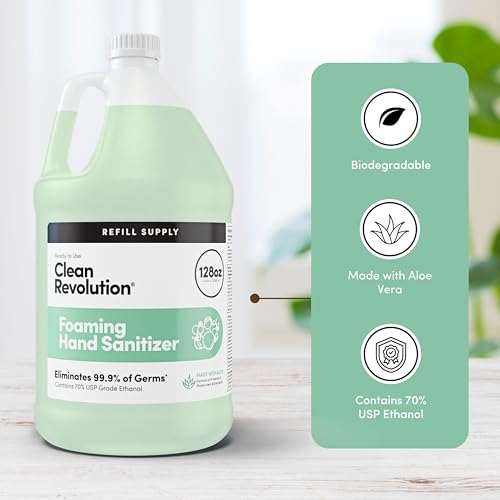 Image of Clean Revolution Foaming Hand Sanitizer, 128 Fl. Oz Refill Supply Container | Eliminates 99.9% of Germs |Gentle & Aloe Enriched | 70% USP Medical Grade Ethanol, Medical Facility Compliant