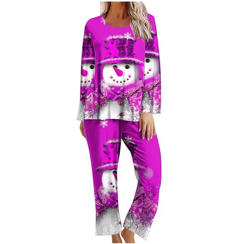 Womens Christmas Pajama Sets Long Sleeve Printed Crew Neck Shirts Pants Sleepwear Suit Fashion Comfy Festival Pajama Hot Pink