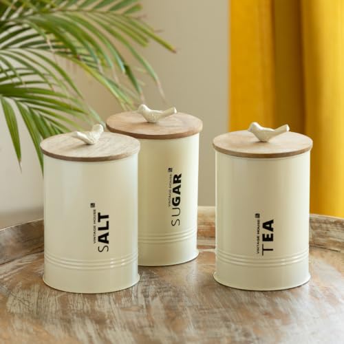 Image of ExclusiveLane 'White Doves' Airtight Metal Jars for Kitchen Storage with Wooden Lid (Iron, Set Of 3, 1080 ml) | Tea Sugar Salt Container Multi-Utility Snacks Jars & Containers Salt Jar for Kitchen
