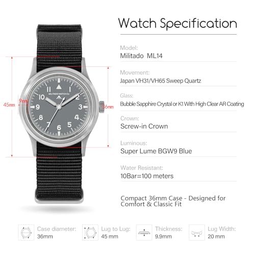 Image of TACTICAL FROG Militado 36mm Field Watch VH31 Japan Movt with Sweep Seconds Military Style Men's Watch with Nylon Strap, 100M Waterproof - ML13 /ML14 Series