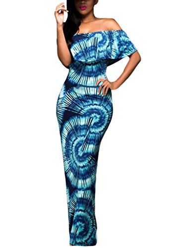 Happy Sailed Women African Print Off Shoulder Maxi Dress, Large Blue