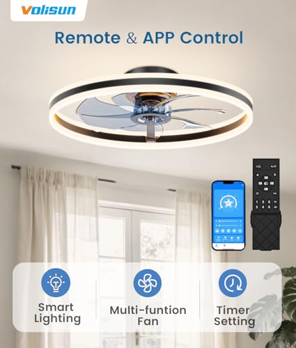 Image of VOLISUN Low Profile Ceiling Fans with Lights and Remote, 24in Flush Mount Ceiling Fans with Light, 3000K-6500K Dimmable Fandelier LED Fan Light, Black Bladeless Ceiling Fans with Lights for Bedroom