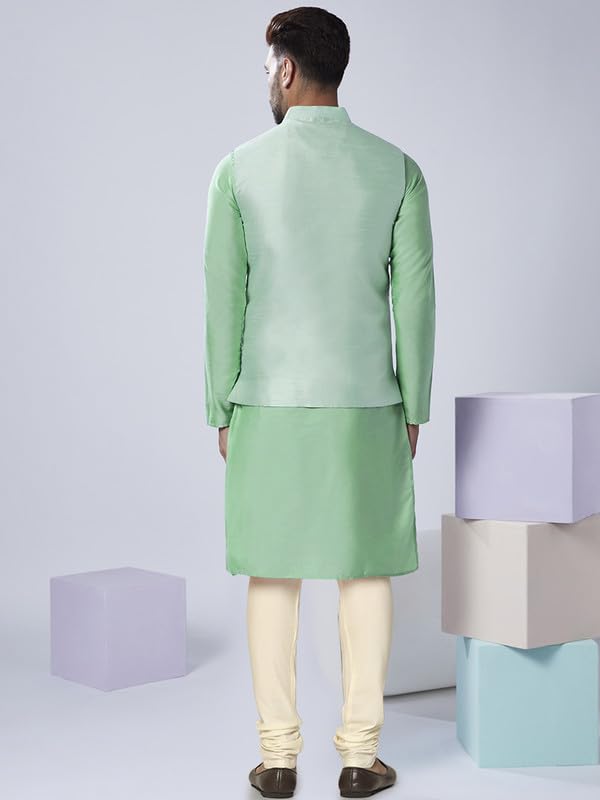 Image of KISAH Men's Kurta Jacket Churidar Set, Sea Green Art Silk, Embellished Regular Fit Long Sleeves Mandarin Collar (S)