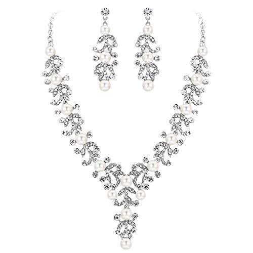 Flyonce Women's Simulated Pearl Crystal Wedding Floral Leaf Vine Necklace Earrings Set Clear Silver-Tone