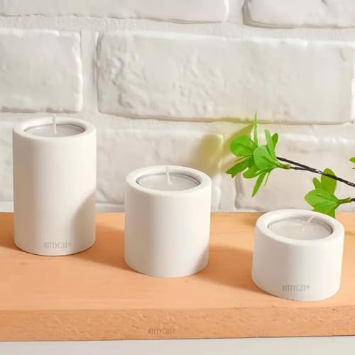 Image of Kitty Cat Aesthetic Tealight Candle Holder Set of 3 | Handmade White Concrete Candle Stand | Minimal Scandinavian Home Decor | Desk & Table Accent for Festivals, Cafes & Bedrooms