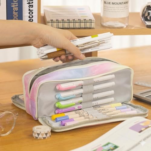 Image of Zqiue Large Pencil Case 3 Compartments Pencil Pouch Big Capacity Pencil Bag Oxford Stationery Storage Pen Bag Cosmetic Makeup Pouch for Women