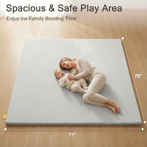 Image of 79 inch x71 inch Padded Baby Play Mat for Floor, 1.3 inch Thick Foam Baby Playpen Mat, Cushioned Tummy Time Mat with Non-Slip Bottom, Removable & Machine Washable Cover, Fits 79 inch x71 inch Playpens