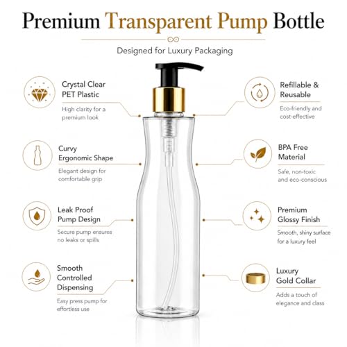 Image of Prakash Empty Plastic Trophy Pump Bottles Dispenser 500ml Portable Shampoo Lotion Hand Bottle (Transparent Trophy Golden Pump 500ML, Pack of 3)