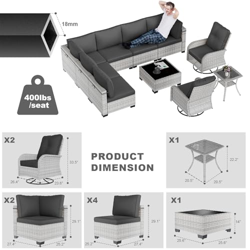 Image of Outdoor PE Wicker Rattan Modular Patio Sectional Sofa Set | 10-Piece: 6 Modular Seats, Coffee Table, 2 Swivel Rocking Chairs & Side Table, Black