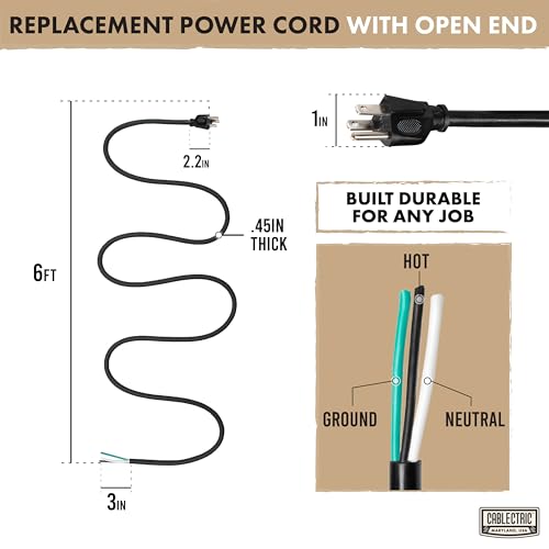 Image of 12 AWG Replacement Power Cord, 6 Ft - Open End, NEMA 5-15P Plug