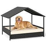 GYMAX Hundebett Outdoor, erhöhtes Hundeliege aus Rattan mit Kissen & Schrägdach, Haustierbett wetterfest für kleine & mittelgroße Hunde, 98 x 68 x 74 cm (Beige)