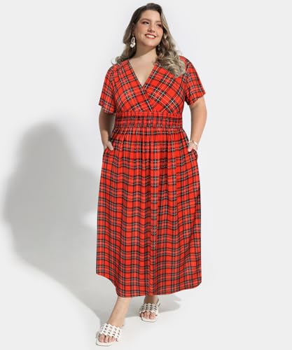Image of CARCOS Plus Size Dresses for Curvy Women V Neck Summer Maxi Dress Short Sleeve Floral Boho Dress Smocked Waist Beach Dress