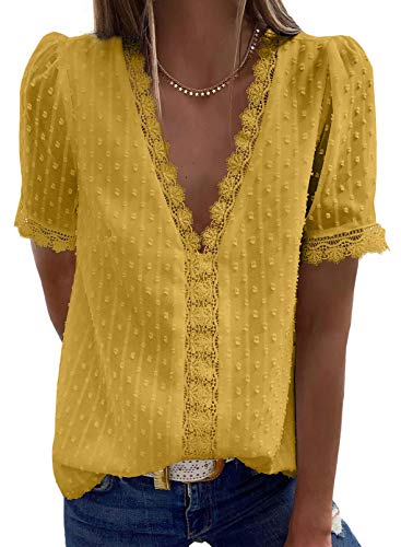 Asvivid Womens Ladies Summer Sexy Lace Crochet V Neck Short Sleeve Pom Pom Boho Shirts Casual Loose Solid Chiffon Blouses for Women Yellow XL Asvivid Womens Ladies Summer Sexy Lace Crochet V Neck Short Sleeve Pom Pom Boho Shirts Casual Loose Solid Chiffon Blouses for Women Yellow XL
