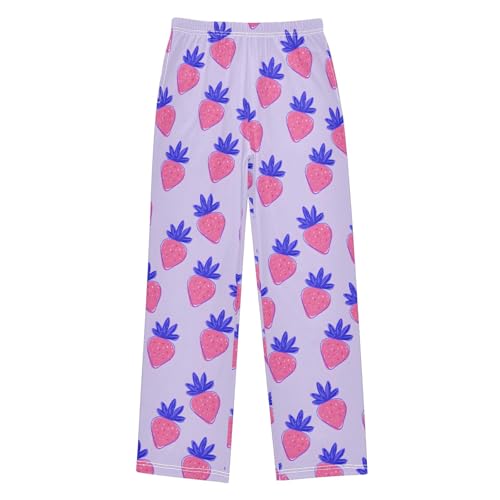 Strawberry Purple Cute Cartoon Pattern Cute Pajama Pants, Soft Sleepwear Lounge Pants Pajama Pj Bottoms for 6-14 Years
