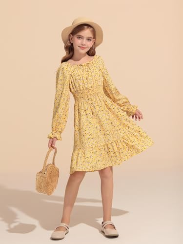 Haloumoning Girls Dresses Kids Floral Long Lantern Sleeve Square Neck Smocked Flowy Dress 5-14 Years3