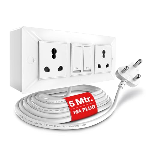 Image of GM Cuba 16A 2+2 Extension Board with 5Mtr Extension Cord, Heavy-Duty Power Strip with Dual 20A Switches, 16A 3-Pin Plug, for High-Power Appliances, Home, Kitchen & Office Use, White