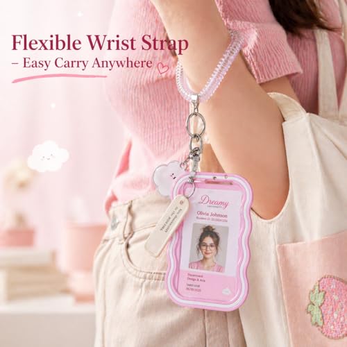Image of Street27 Cloud Shape Photo Card Holder with Keychain Pendant | Transparent ID Badge Case with Wrist Strap | Silicone Protective Card Cover for Office, School & Travel (Pink)