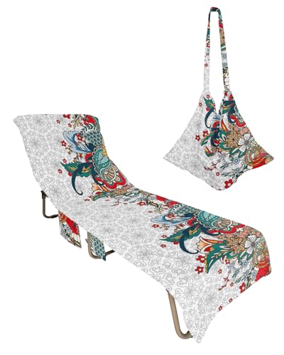 Colorful Boho Floral Beach Chair Towel Covers for Chaise Lounge with Side Pocket, Soft Plush Pool Towels Cover for Patio Sunbathing Outdoor 29''x85'' Boho Spring Garden Herbs Plant Leaves