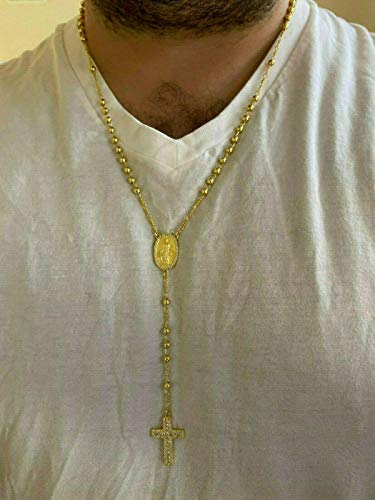 HarlemBling Solid 925 Sterling Silver - Baguette Cross Rosary Beads -14k Yellow Gold Finish - 4mm 24" Men's Rosario Necklace4