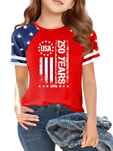Image of CAZYCHILD Girls 4th of July USA Shirt American Flag Patriotic T-Shirt Independence Day Outfit for Kids 5-14Years