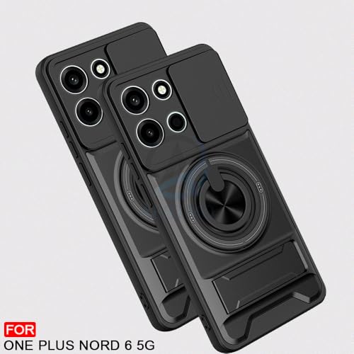 Image of AESTMO OnePlus Nord 6 5G Back Cover | Armor Camera Slider 360 Degree Rotating Finger Ring Holder Case with Bracket Stand Back Case Cover (Compatible with MagSafe Accessories) (Black)