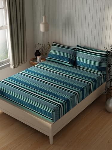 Image of KOPA Extra Smooth Cotton Double Bedsheet with 2 Pillow Covers -3pc Set (Lopez) Stripe-Teal /Blue