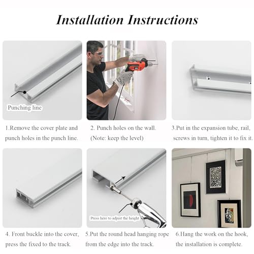 Image of UrbanUp Picture Rail Hanging System 24 inch Track with 2m Long Picture Hanging Cord, 2pcs Picture Hanging Systems White /Black, Indoor Picture Rail Hanging Hooks and Wire Adjustable(White)