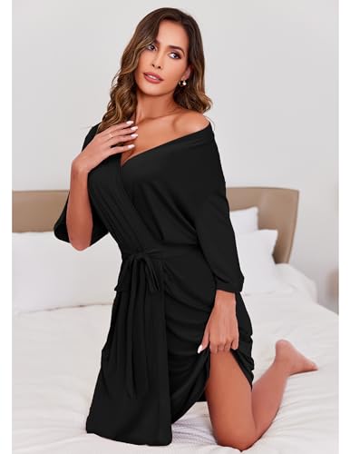 Image of Ekouaer Short Robes for Women Lightweight Kimono Robes Knit Bathrobe Soft Sleepwear with Pockets S-XXL