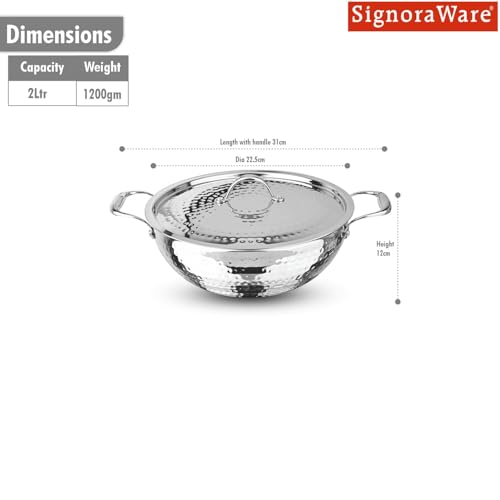 Image of Signoraware Artista Tri Ply Stainless Steel Hammered Deep Kadhai 20cm with Steel Lid | Elegant Finish | Even Heat Distribution | Ideal for Deep Frying & Daily Indian Cooking Needs (2 LTR | Steel)