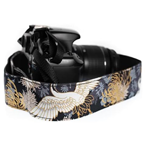 Camera Strap Black Crane Gold Foil Style Vintage for All DSLR Camera. Embroidered Elegant Universal Neck & Shoulder Strap, Floral Pattern for Men & Women Photographers Cover