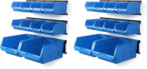 Image of Wallmaster Wall Mounted Storage Bins, Wall Storage Bins Parts Rack 10 Bins&3 Rails Wall Mount Tool Organizer Hardware Storage Organizer (Blue) (Pack of 2)