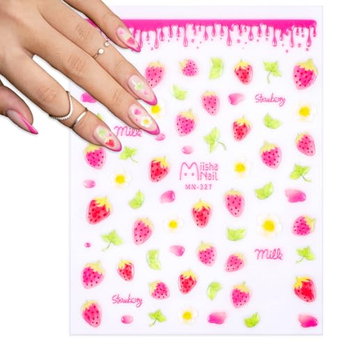 Pegatinas de Fresa para Uñas Pegatinas de Uñas con Relieve Dulce Pegatinas de Uñas de Primavera Autoadhesivas para Mujeres y Niñas Accesorios de Diseño de Uñas