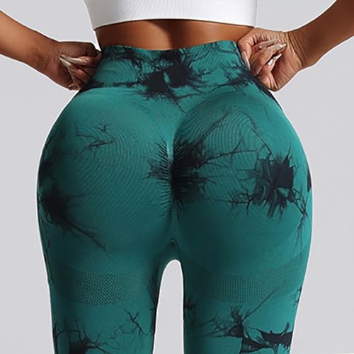 Litthing High Waisted Gym Scrunch Bum Leggings for Women Tummy Control Butt Lift Yoga Pants with Pockets Workout Running Sports Tie Dye Tights Green Black - Image 3