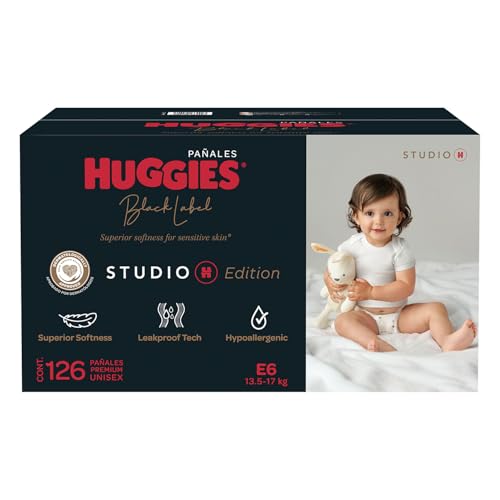 Huggies Black Label Studio H Etapa 6, 126 Pañales Premium Unisex Hipoalergénicos Etapa 6 (para niños de 13.5 a 17 Kg)