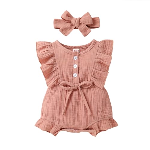 Image of YOUNGER TREE Toddler Baby Girl Ruffled Sleeveless Romper Casual Summer Jumpsuit Cotton Linen Clothes
