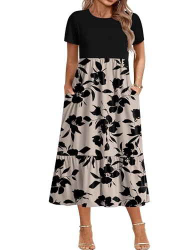 Image of IN'VOLAND Women Plus Size Short Sleeve Dress Loose Plain Casual Summer Flowy Tiered Long Maxi Dresses with Pockets