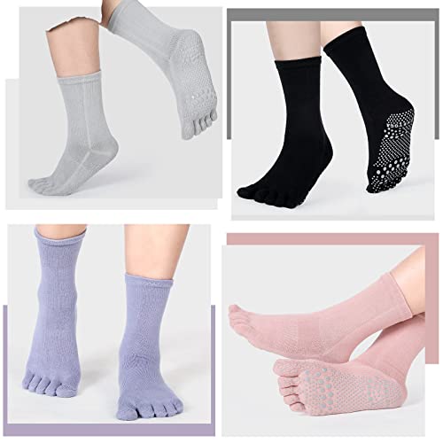 Equsion 4 Pairs Toe Socks Grip Socks Yoga Socks With Grips For Women Anti Slip Toe Socks Non Slip Pilates Workout Barre Ballet Dance Hospital Socks #TOP4