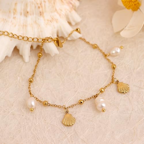 Image of Dainty Gold Shell Pearl Charm Ankle Bracelet for Women Trendy non-Tarnish Adjustable Anklet Summer Beach Fashion Jewelry Gift
