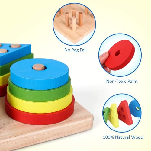 Image of SHINETOY ENTERTAIN KIDS Wooden Stackable Blocks & Shape Sorting Board | Geometric Shape Stacker | Eco-Friendly & Non-Toxic Wooden Toy | Early Childhood Development Toys for Fine Motor Skills, 16 Pcs